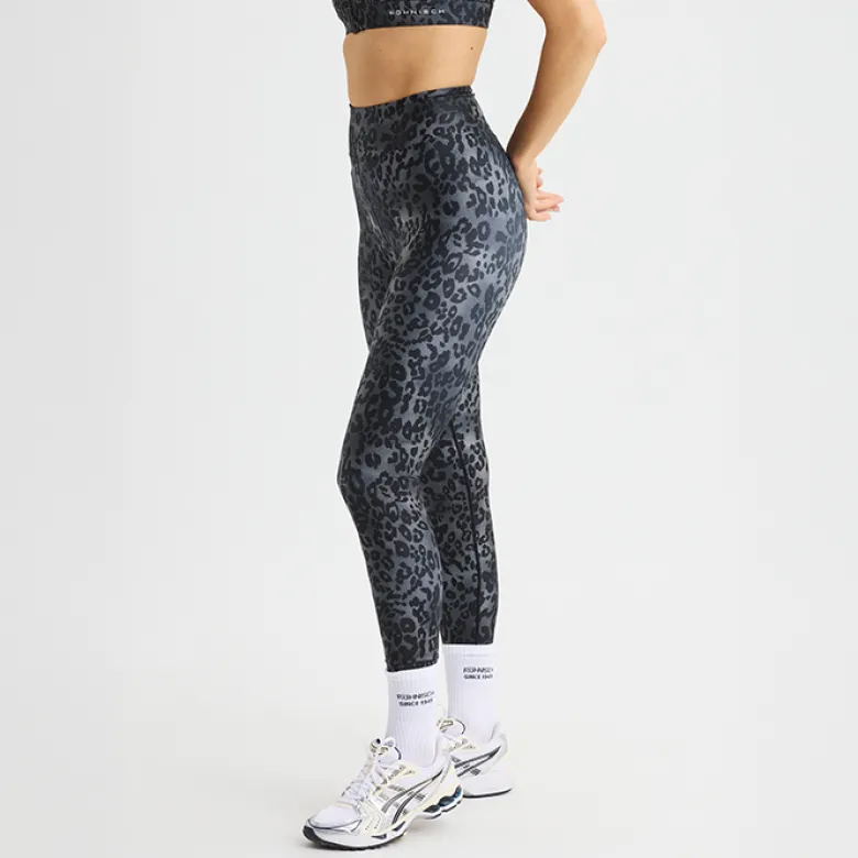 Printed High Waist Tights, Grey Leo Print